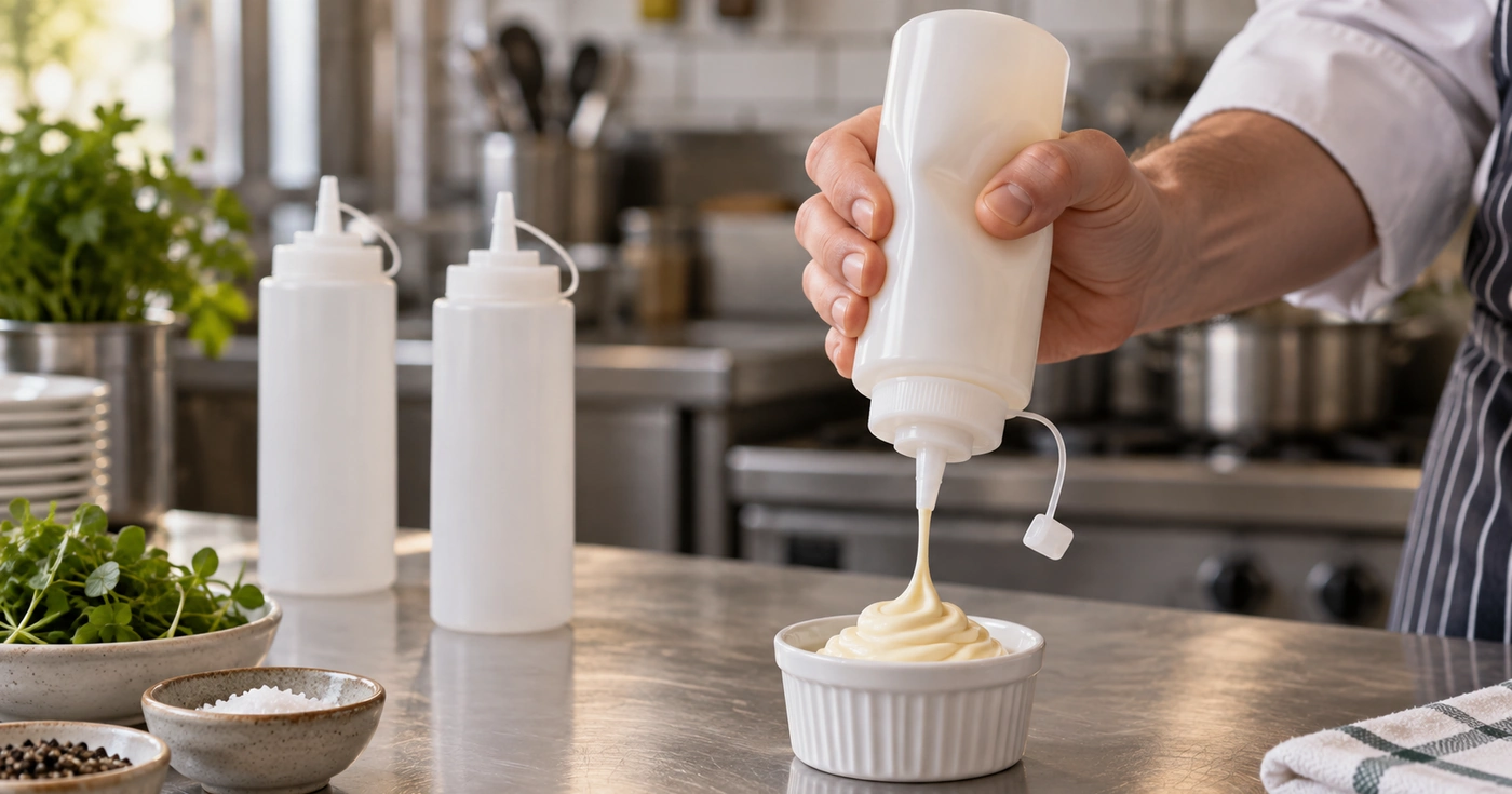 Botella exprimible dosificando una salsa espesa en una cocina profesional