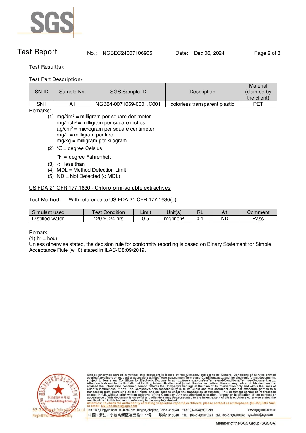 Informe de contacto alimentario para PET – page 2 sobre 3