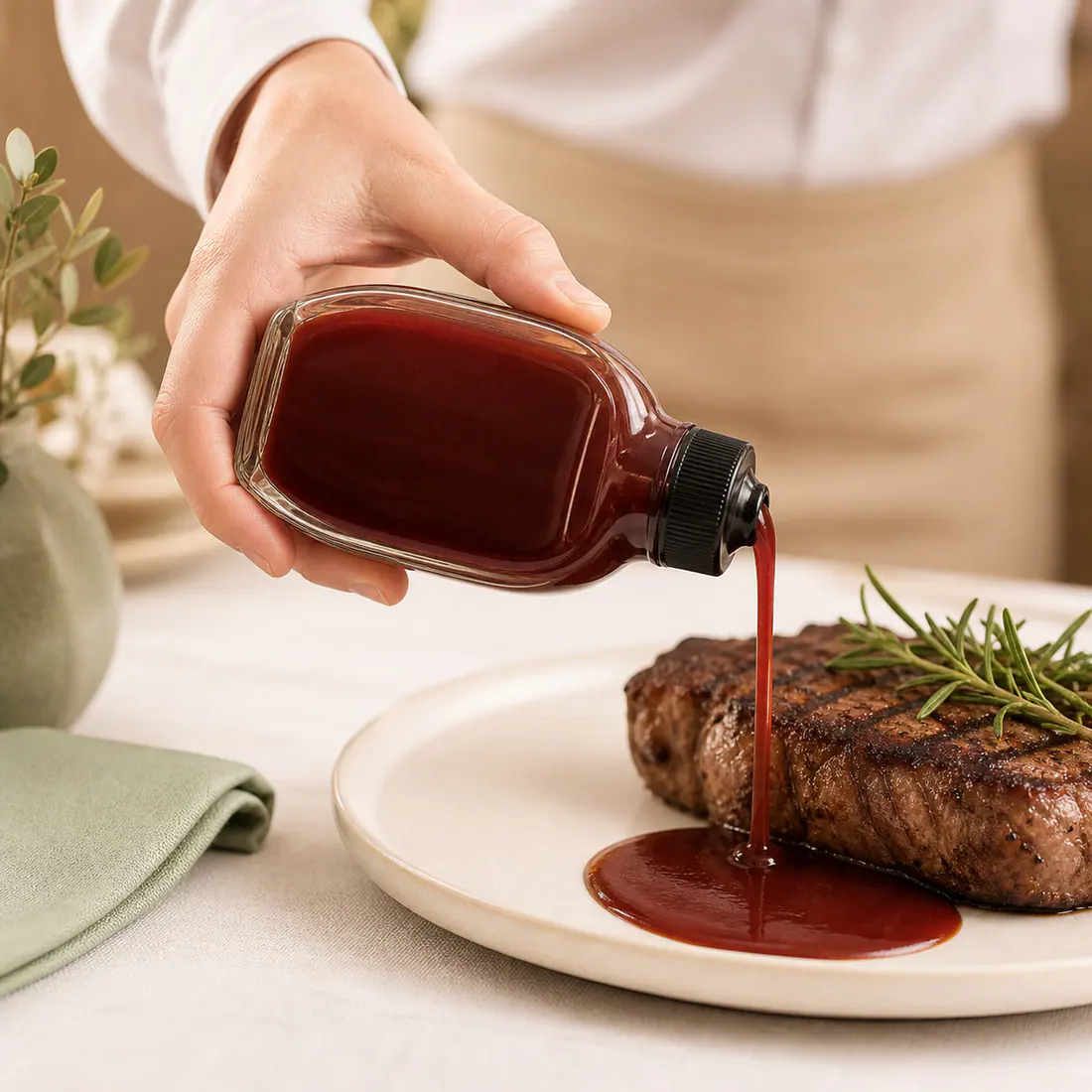 Botellas de vidrio para salsas en situación de uso