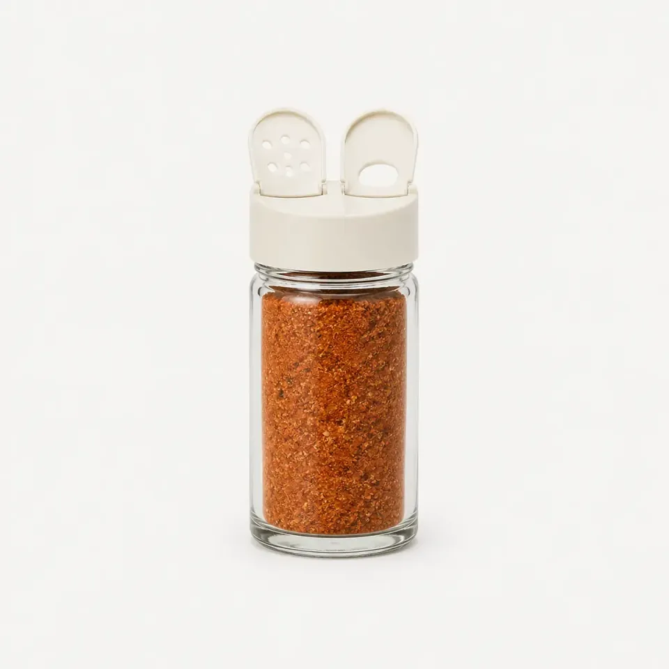 Especiero de vidrio con tapa de doble abertura – vista del producto